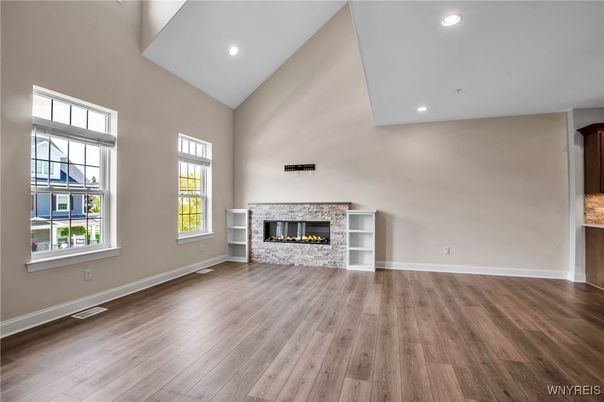 Empty room, Fireplace, Interior, Recessed Lighting, Wood Texture Flooring