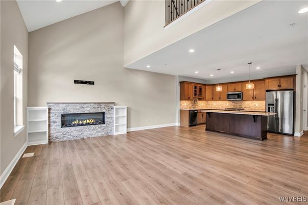 Fireplace, Interior, Kitchen, Pendant Lights, Recessed Lighting, Stainless Steel Appliances, Wood Texture Flooring
