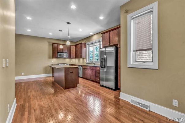 Interior, Kitchen, Pendant Lights, Recessed Lighting, Stainless Steel Appliances, Wood Texture Flooring
