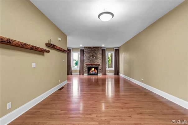 Empty room, Fireplace, Interior, Recessed Lighting, Wood Texture Flooring