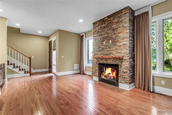 Empty room, Fireplace, Interior, Recessed Lighting, Wood Texture Flooring