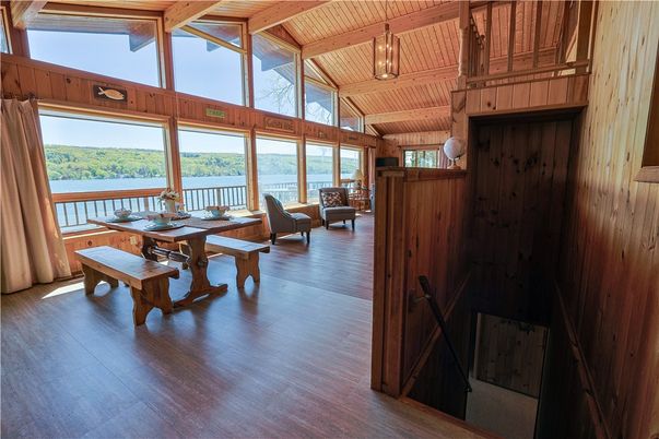 Dining room, Interior, Water, Wooden Beams, Wooden Ceilings, Wood Texture Flooring, Wooden Walls
