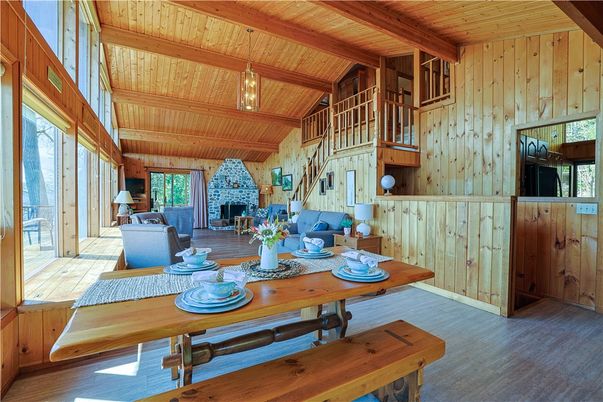 Dining room, Fireplace, Interior, Pendant Lights, Wooden Beams, Wooden Ceilings, Wood Texture Flooring, Wooden Walls
