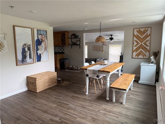 Dining room, Interior, Recessed Lighting, Wood Texture Flooring