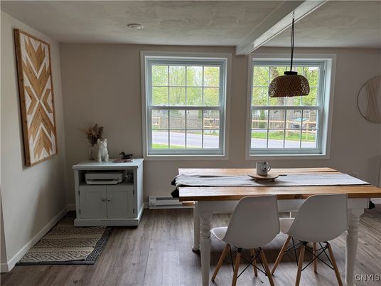 Dining room, Interior, Pendant Lights, Recessed Lighting, Wood Texture Flooring
