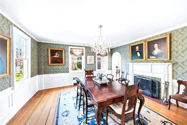 Chandelier, Dining room, Fireplace, Interior, Wood Texture Flooring