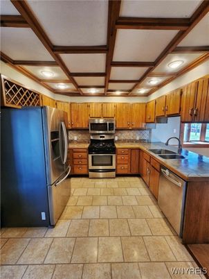 Interior, Kitchen, Recessed Lighting, Stainless Steel Appliances, Wooden Beams