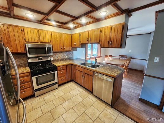 Interior, Kitchen, Recessed Lighting, Stainless Steel Appliances, Wooden Beams, Wood Texture Flooring