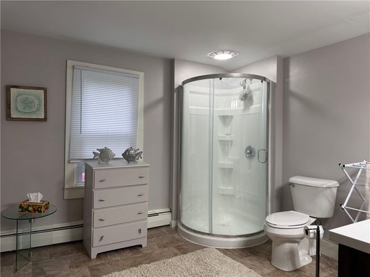Bathroom, Glass Shower, Interior, Wood Texture Flooring