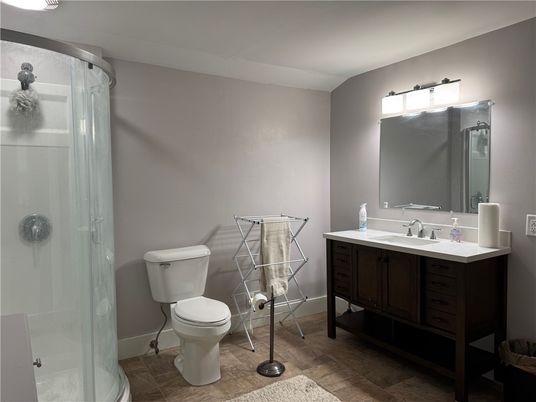 Bathroom, Glass Shower, Interior, Wood Texture Flooring