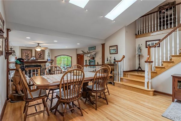 Dining room, Fireplace, Interior, Recessed Lighting, Wood Texture Flooring