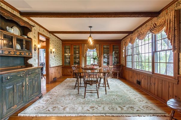 Dining room, Interior, Pendant Lights, Wood Texture Flooring