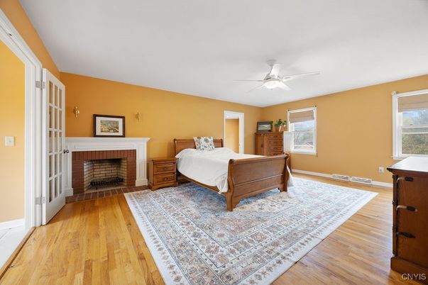 Bedroom, Fireplace, Interior, Wood Texture Flooring