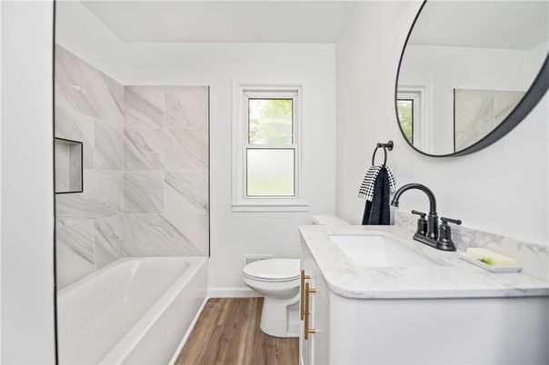 Bathroom, Interior, Marble Walls, Wood Texture Flooring