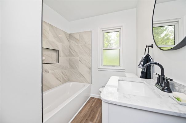 Bathroom, Interior, Marble Walls, Wood Texture Flooring