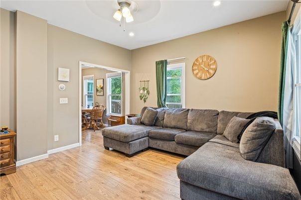 Dining room, Interior, Living room, Recessed Lighting, Wood Texture Flooring
