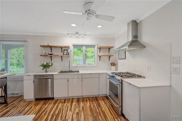 Interior, Kitchen, Recessed Lighting, Stainless Steel Appliances, Wood Texture Flooring