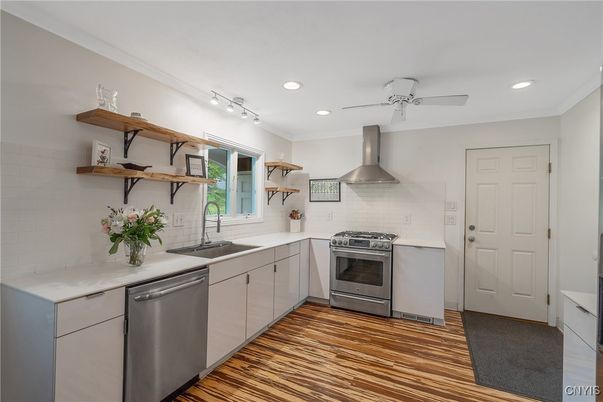 Interior, Kitchen, Recessed Lighting, Stainless Steel Appliances, Wood Texture Flooring
