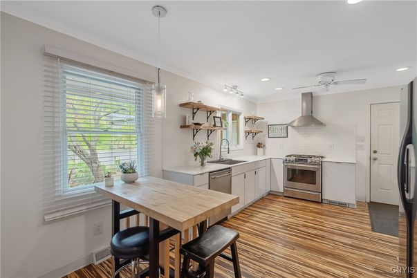 Interior, Kitchen, Pendant Lights, Recessed Lighting, Stainless Steel Appliances, Wood Texture Flooring