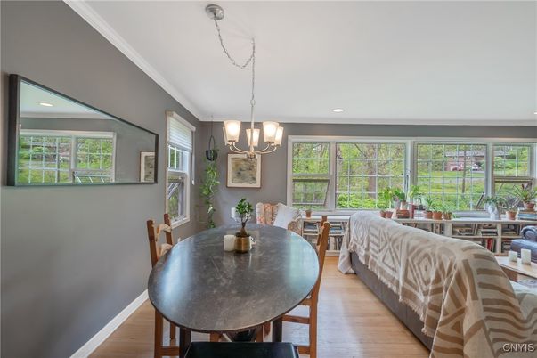 Dining room, Interior, Living room, Pendant Lights, Recessed Lighting, Wood Texture Flooring