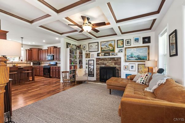 Fireplace, Interior, Kitchen, Living room, Pendant Lights, Recessed Lighting, Wood Texture Flooring