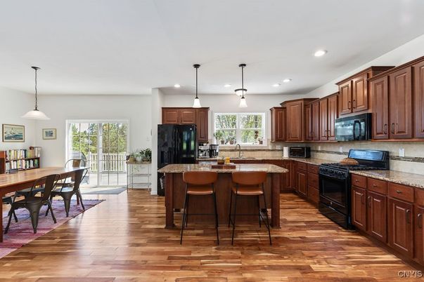 Dining room, Interior, Kitchen, Pendant Lights, Recessed Lighting, Wood Texture Flooring
