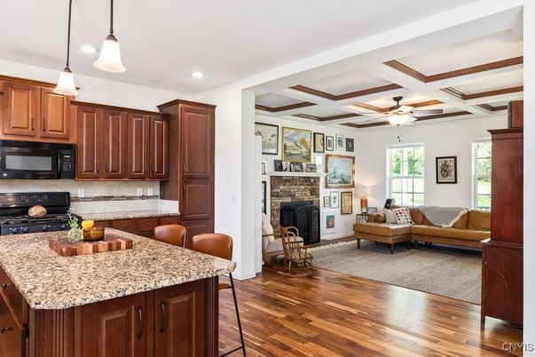 Fireplace, Interior, Kitchen, Living room, Pendant Lights, Recessed Lighting, Wood Texture Flooring