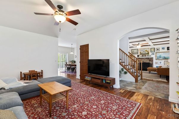 Dining room, Interior, Living room, Pendant Lights, Wood Texture Flooring
