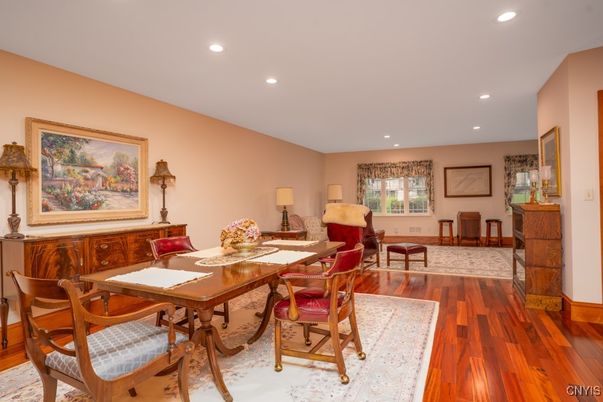 Dining room, Interior, Recessed Lighting, Wood Texture Flooring