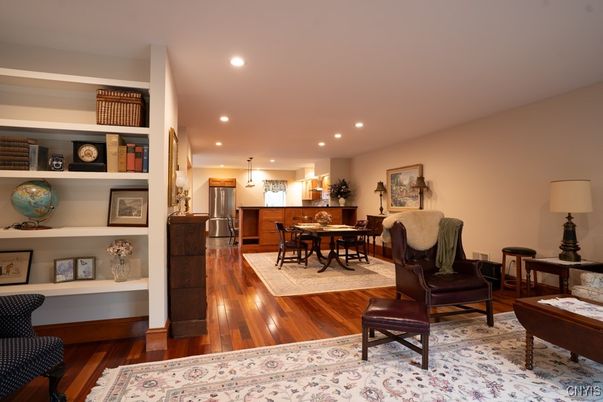 Dining room, Interior, Kitchen, Pendant Lights, Recessed Lighting, Wood Texture Flooring