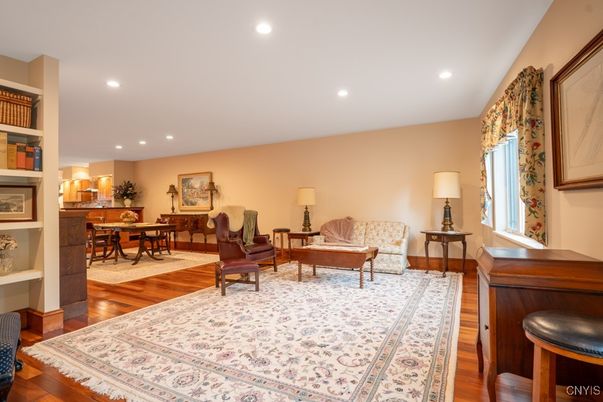 Dining room, Interior, Living room, Recessed Lighting, Wood Texture Flooring