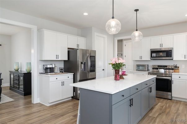 Interior, Kitchen, Pendant Lights, Recessed Lighting, Stainless Steel Appliances, Wood Texture Flooring