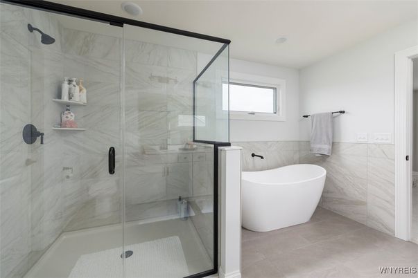 Bathroom, Free Standing Baths, Glass Shower, Interior, Marble Walls