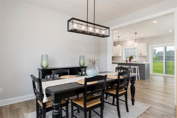 Dining room, Interior, Kitchen, Pendant Lights, Recessed Lighting, Wood Texture Flooring