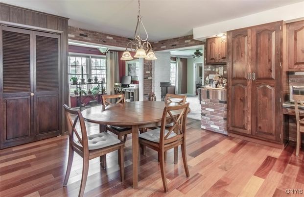 Dining room, Interior, Pendant Lights, Stone Walls, Wood Texture Flooring