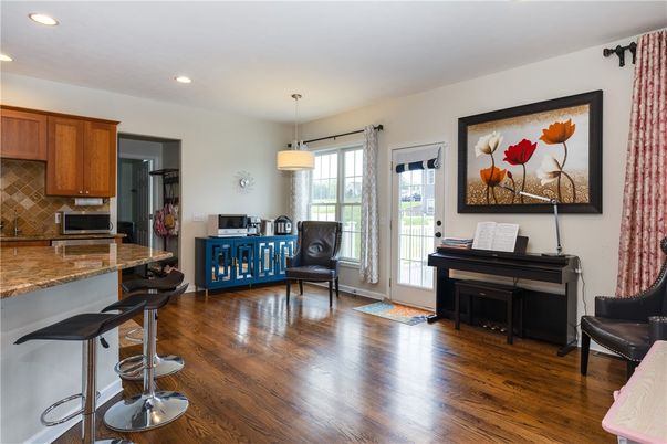 Interior, Kitchen, Pendant Lights, Piano, Recessed Lighting, Wood Texture Flooring