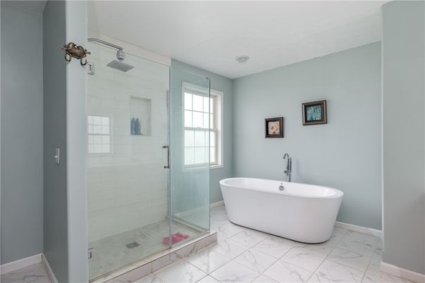 Bathroom, Free Standing Baths, Glass Shower, Interior, Marble, Recessed Lighting
