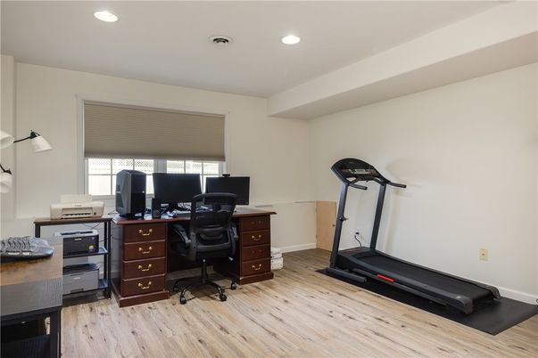 Fitness Equipment, Home Office, Interior, Recessed Lighting, Wood Texture Flooring