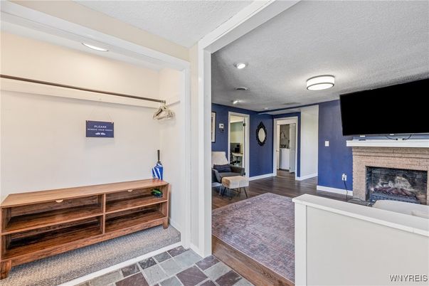 Fireplace, Interior, Recessed Lighting, Wood Texture Flooring
