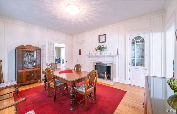 Dining room, Fireplace, Interior, Wood Texture Flooring