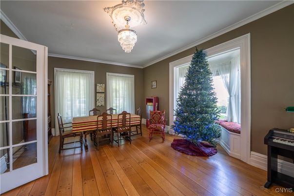 Chandelier, Dining room, Interior, Wood Texture Flooring