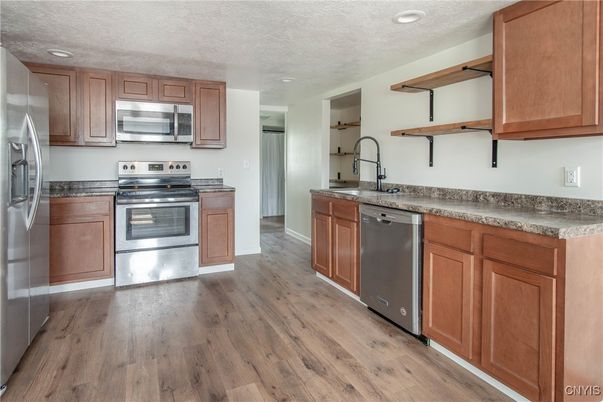 Interior, Kitchen, Recessed Lighting, Stainless Steel Appliances, Wood Texture Flooring