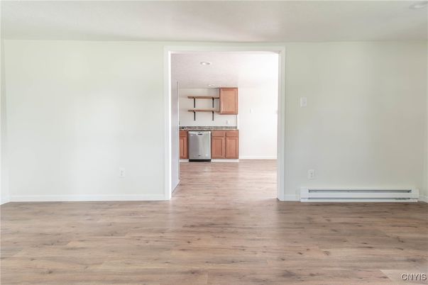 Empty room, Interior, Kitchen, Recessed Lighting, Wood Texture Flooring