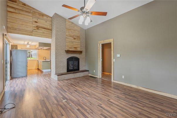 Empty room, Fireplace, Interior, Kitchen, Wood Texture Flooring, Wooden Walls