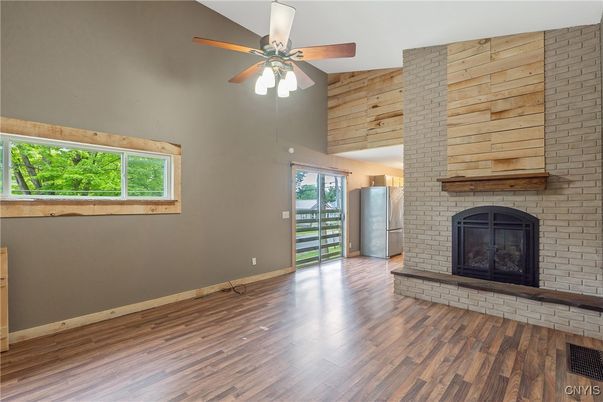 Empty room, Fireplace, Interior, Stone Walls, Wood Texture Flooring, Wooden Walls