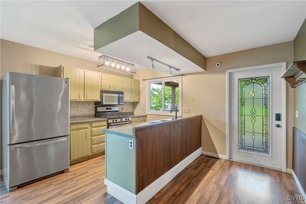 Interior, Kitchen, Stainless Steel Appliances, Wood Texture Flooring