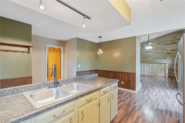 Interior, Kitchen, Pendant Lights, Stone Walls, Wood Texture Flooring