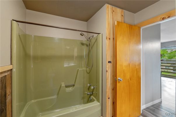 Bathroom, Glass Shower, Interior, Wood Texture Flooring