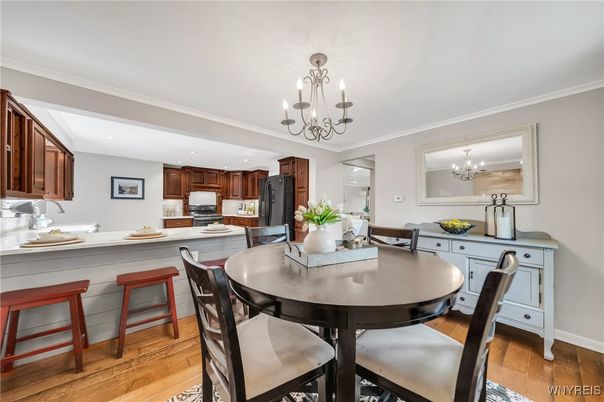 Chandelier, Dining room, Interior, Kitchen, Recessed Lighting, Wood Texture Flooring