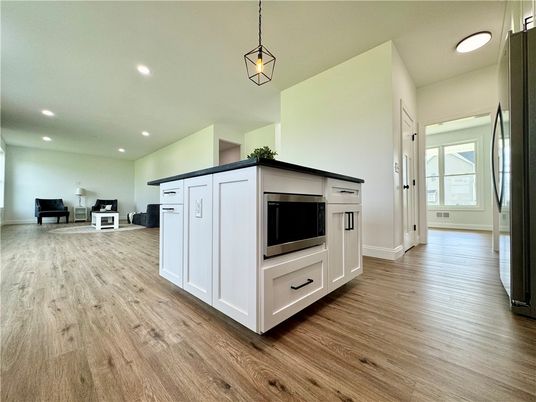 Interior, Kitchen, Pendant Lights, Recessed Lighting, Wood Texture Flooring